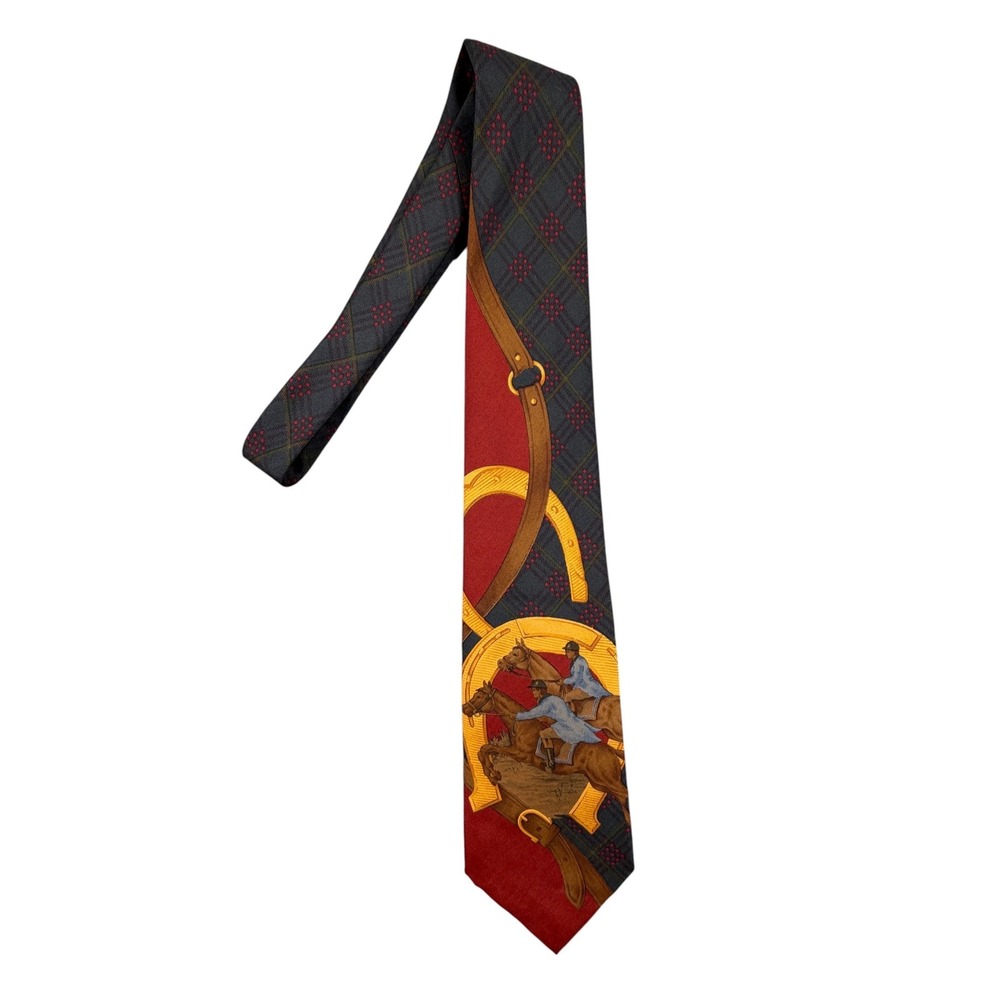Polo Ralph Lauren Mens Tie Equestrian Horse Jumping Plaid Silk Red Blue 54.5"